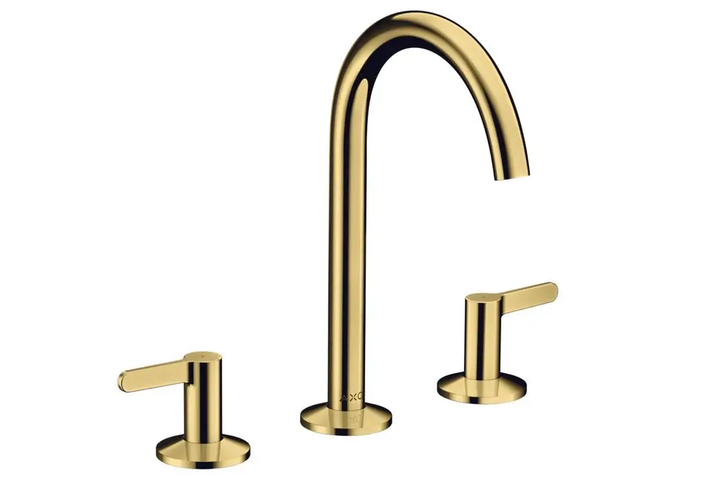 Waschtischarmatur mit drei Löchern in Polished Gold Optic, bestehend aus einer hohen Armatur und zwei Griffen, gefertigt von AXOR.